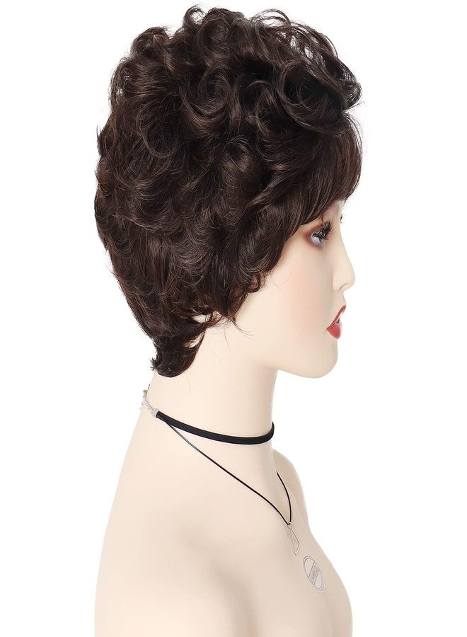 GNIMEGIL Short Dark Brown Curly Wigs with Fuffly Bangs for Women Synthetic Hair Wavy Cosplay Wigs for Daily Party Use(Dark Brown) - Image 5